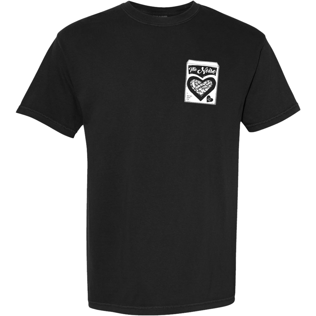 Black t-shirt with a white graphic on the chest against a white background