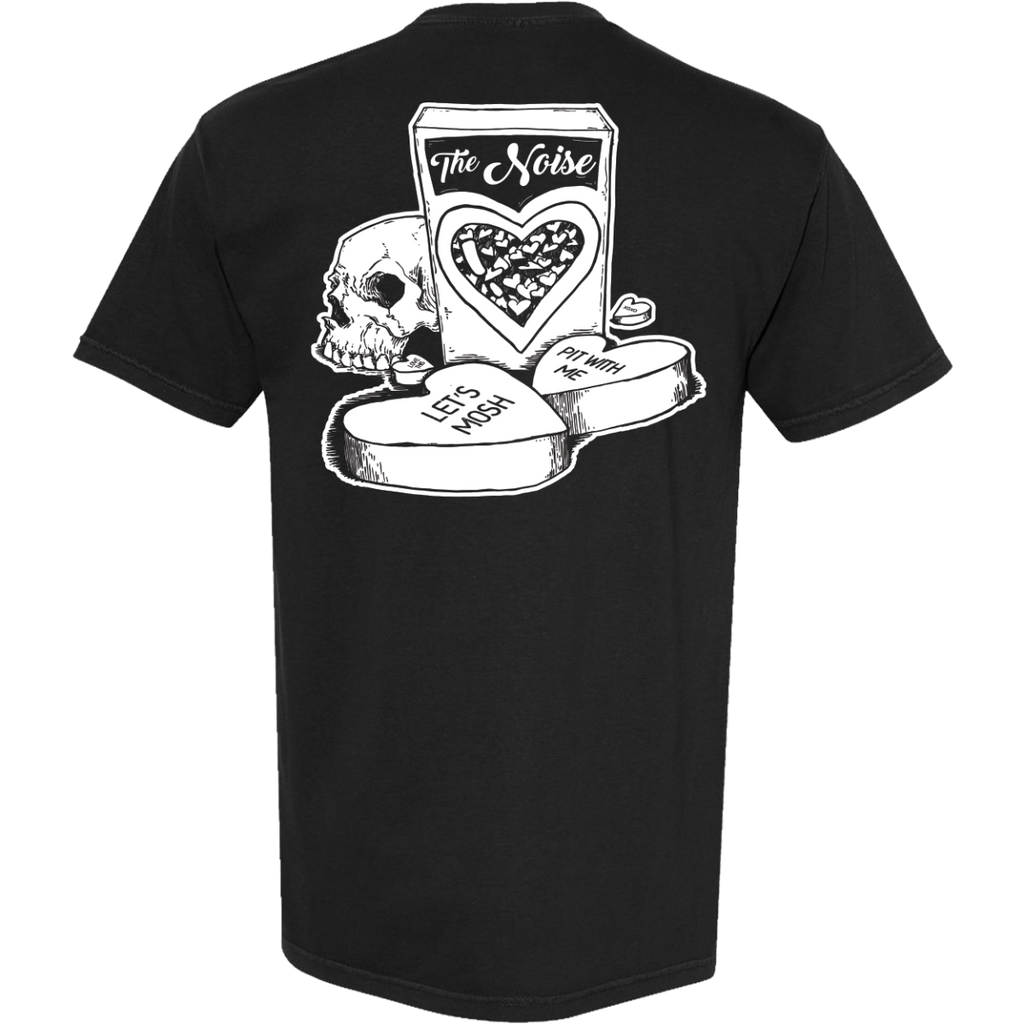 Black t-shirt with white graphic design on the back featuring a skull, heart, and text.